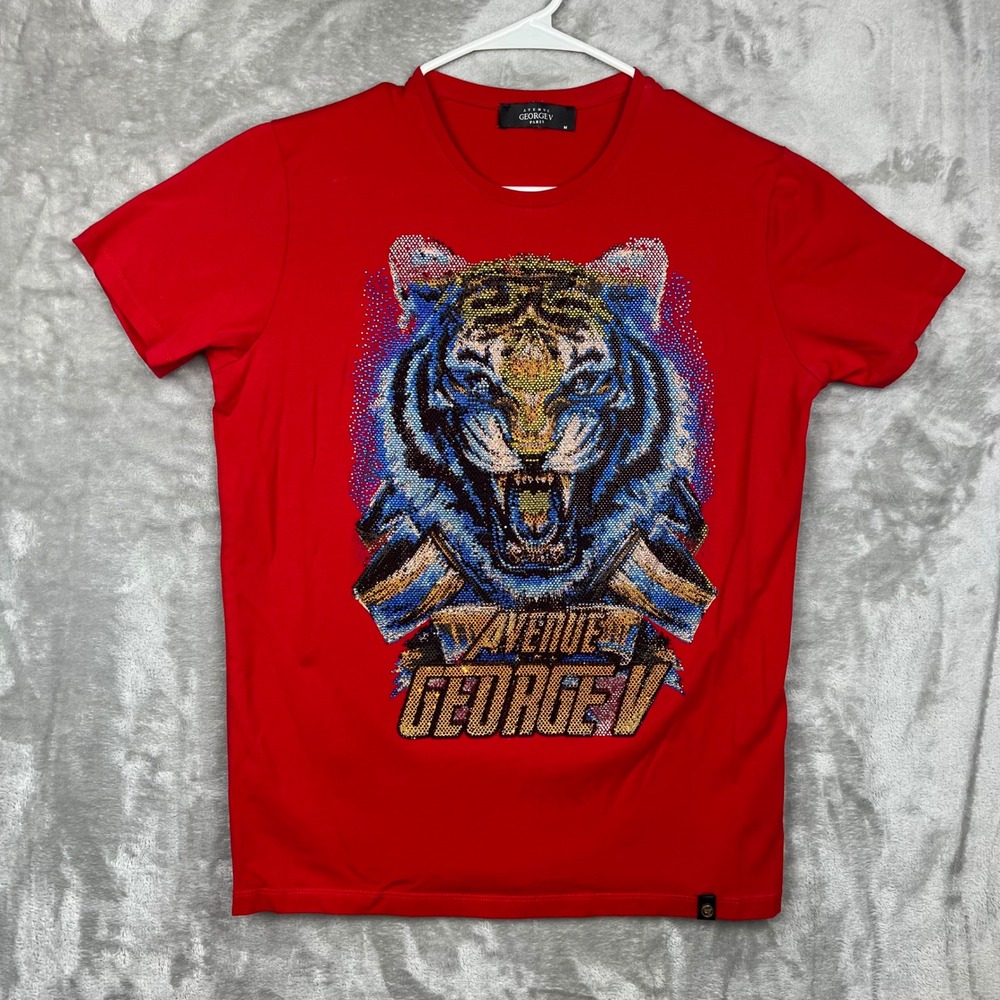 Avenue George V Paris Mens Red Rhinestone Tiger Graphic T-Shirt Size M